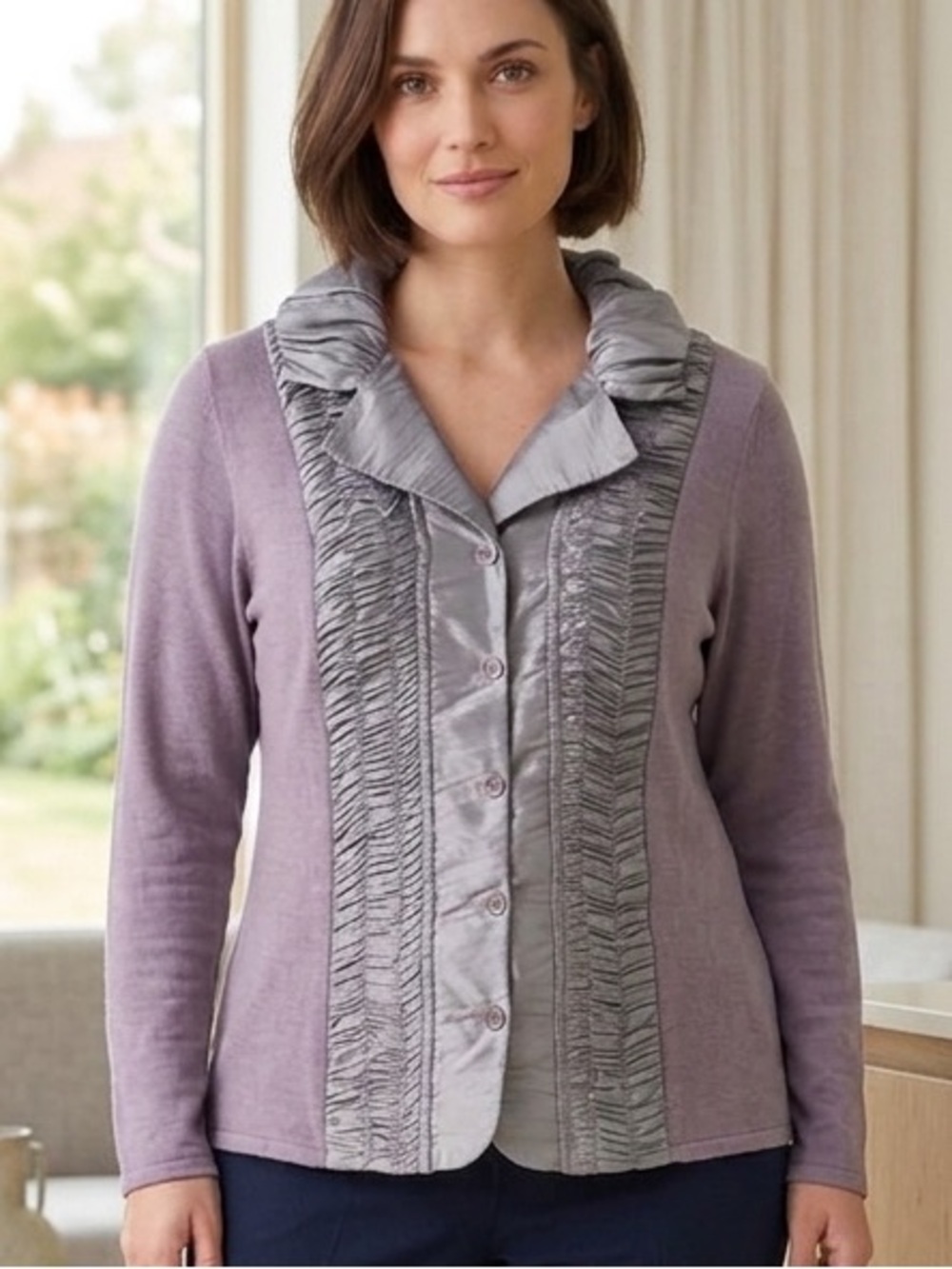 Minkas  Silver grey Ruched Satin-Trim Blazer Jacket Sz XL